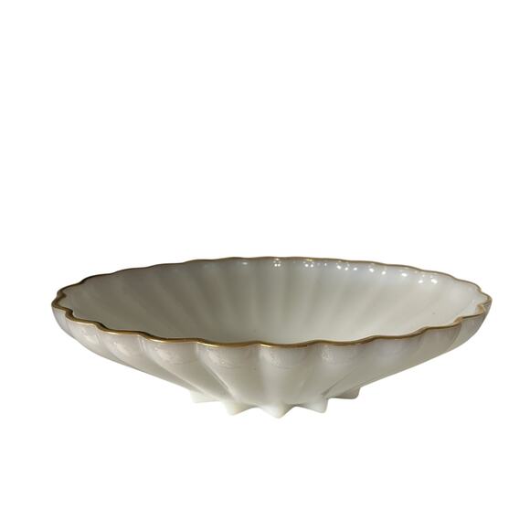Anchor Hocking Rachel Oval Bowl White Milk Glass Gold Trim 12" X 8” Vintage - Picture 1 of 7